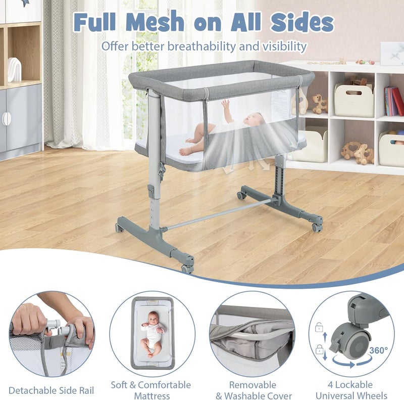 INFANS 3 in 1 Baby Bassinet, Bedside Sleeper for Newborn, Folding Crib with Mattress, Travel Bag, Wheels, 4-Sided Mesh, Easy to Assemble Cradle Co Sleeper Stationary, Rock (Light Grey) - Image 5